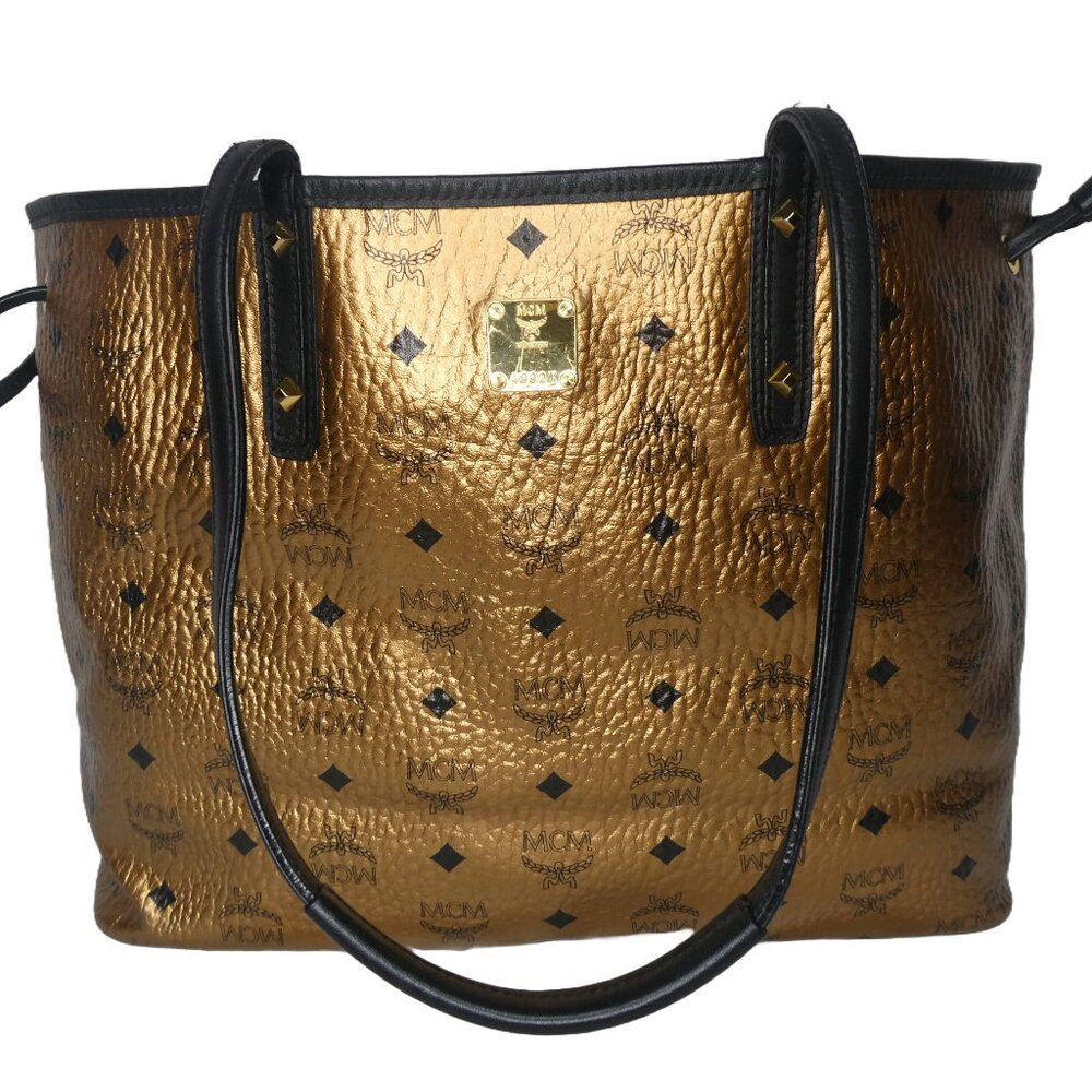 AUTHENTIC MCM Bronze and black Leather Tote ‎ Handbag